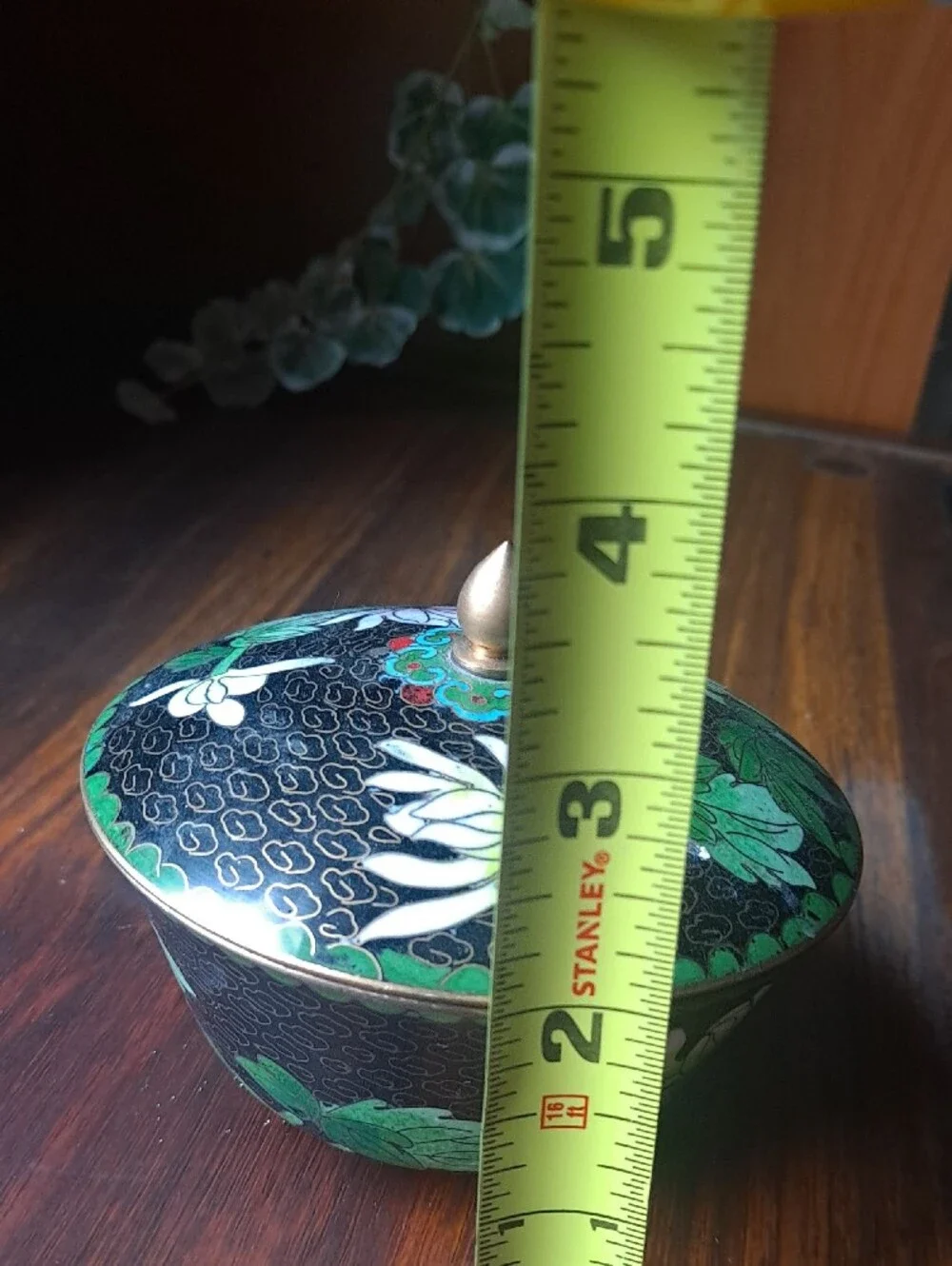 Handcrafted Floral Cloisonné Trinket Box - Green and Black